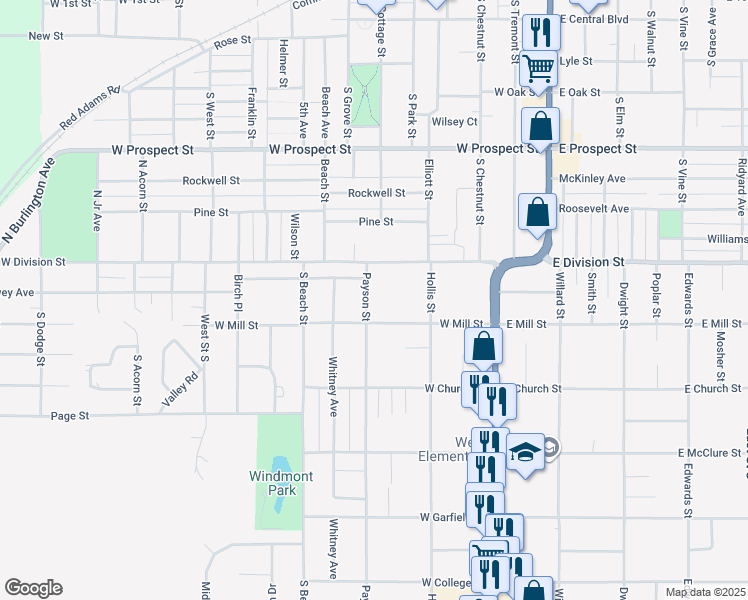 map of restaurants, bars, coffee shops, grocery stores, and more near 128 Payson Street in Kewanee