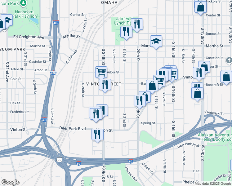 map of restaurants, bars, coffee shops, grocery stores, and more near 2722 South 23rd Street in Omaha