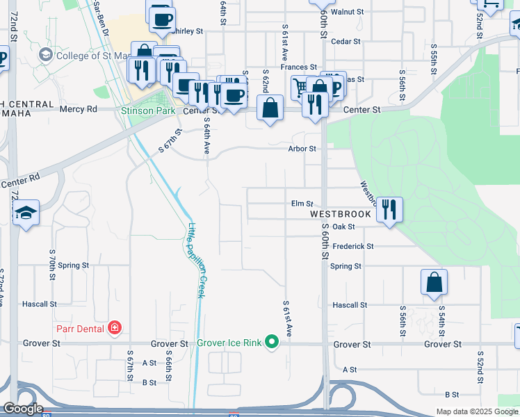 map of restaurants, bars, coffee shops, grocery stores, and more near 6216 Elm Street in Omaha