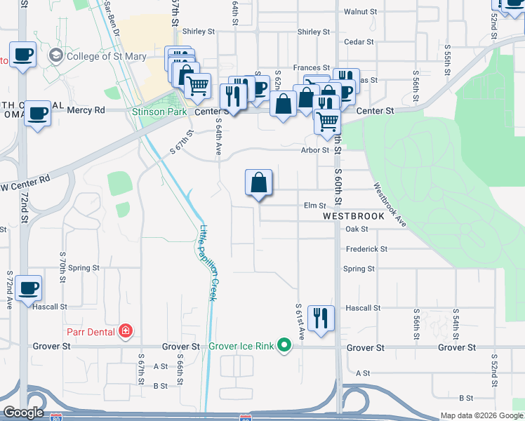 map of restaurants, bars, coffee shops, grocery stores, and more near 6216 Elm Street in Omaha
