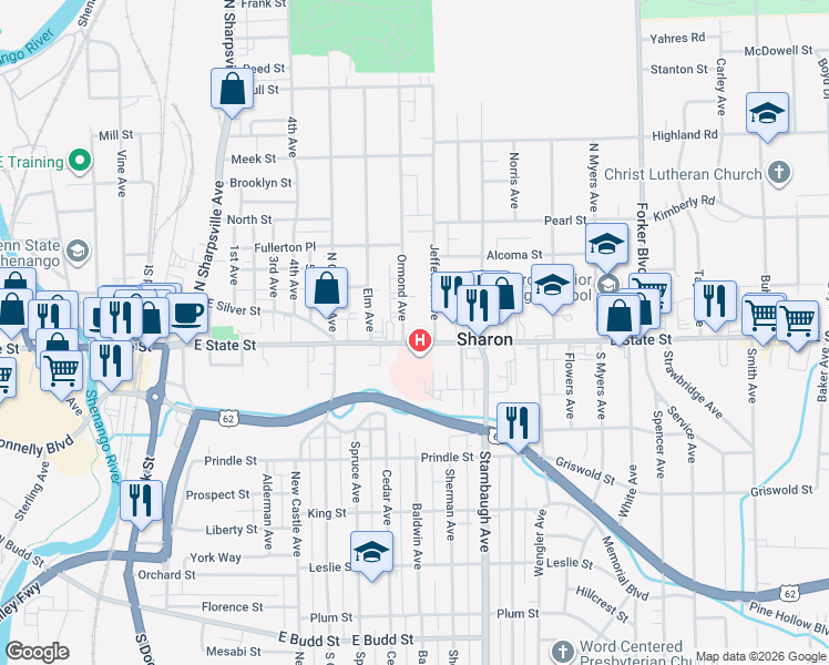 map of restaurants, bars, coffee shops, grocery stores, and more near 715 East State Street in Sharon