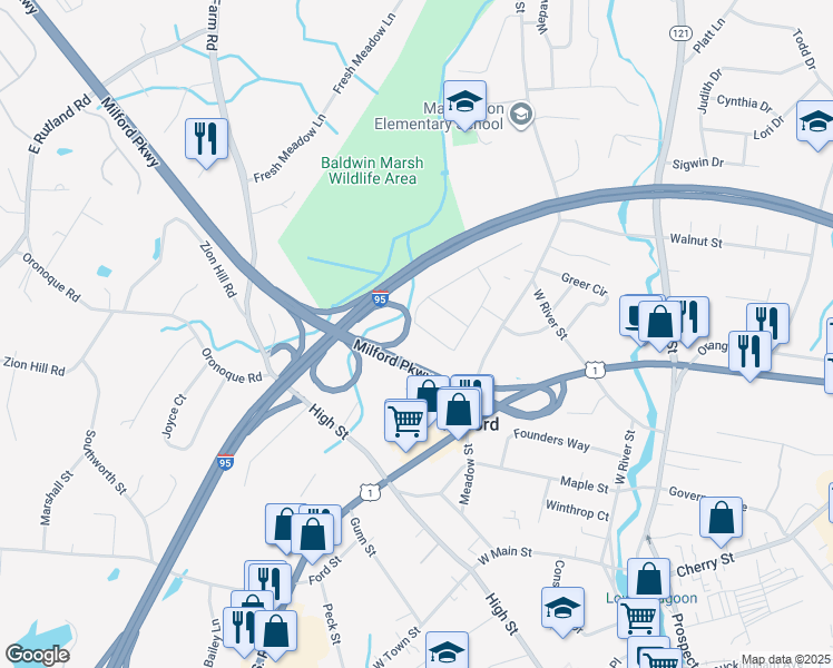 map of restaurants, bars, coffee shops, grocery stores, and more near 46 Meadow Park Drive in Milford