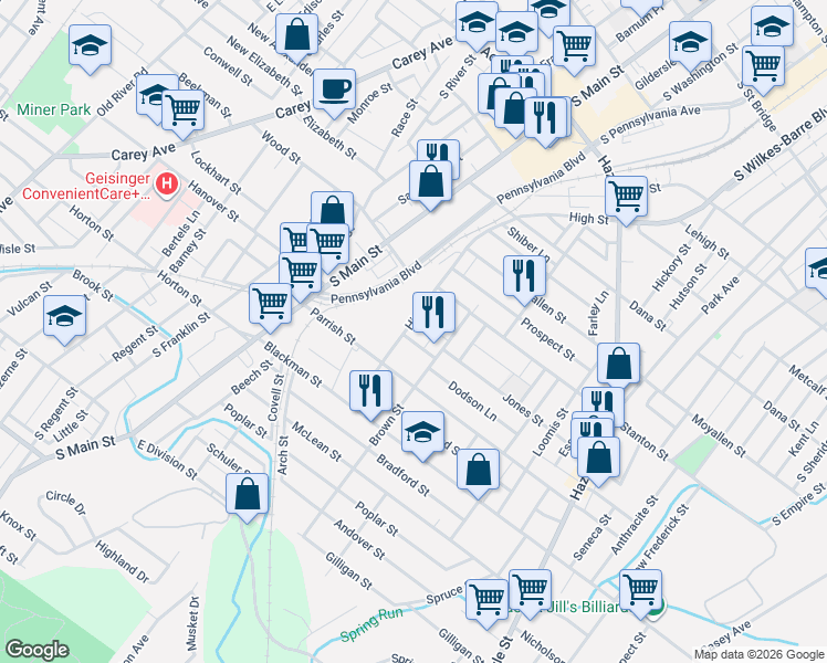 map of restaurants, bars, coffee shops, grocery stores, and more near 51-53 Brown Street in Wilkes-Barre