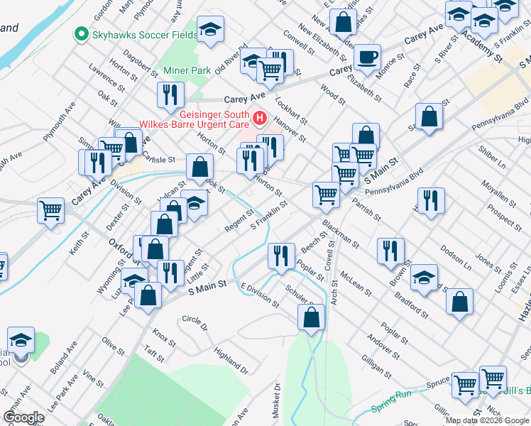 map of restaurants, bars, coffee shops, grocery stores, and more near 34 Regent Street in Wilkes-Barre