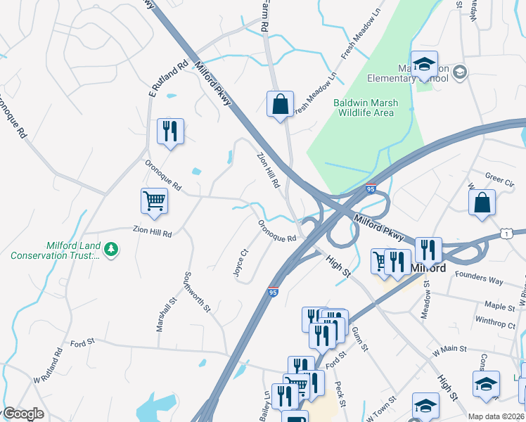 map of restaurants, bars, coffee shops, grocery stores, and more near 85 Oronoque Road in Milford