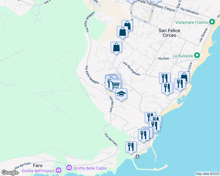 map of restaurants, bars, coffee shops, grocery stores, and more near 1 Piazza Lanzuisi in San Felice Circeo