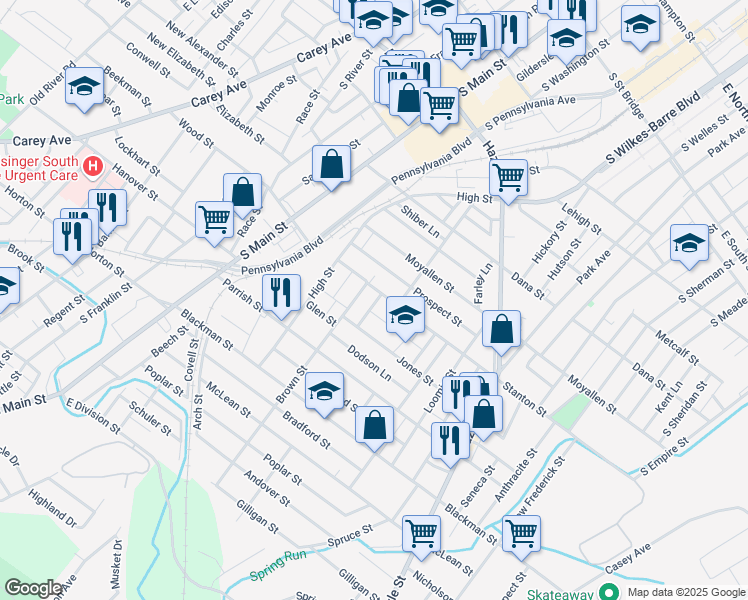 map of restaurants, bars, coffee shops, grocery stores, and more near 9 Griffith Lane in Wilkes-Barre