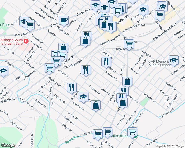map of restaurants, bars, coffee shops, grocery stores, and more near 33 Brown Street in Wilkes-Barre