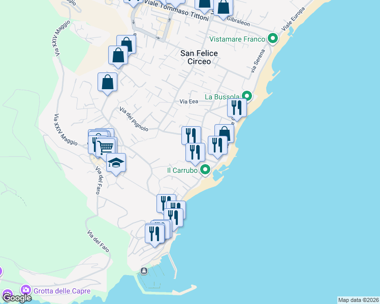 map of restaurants, bars, coffee shops, grocery stores, and more near 141 Piazza Italo Gemini in San Felice Circeo