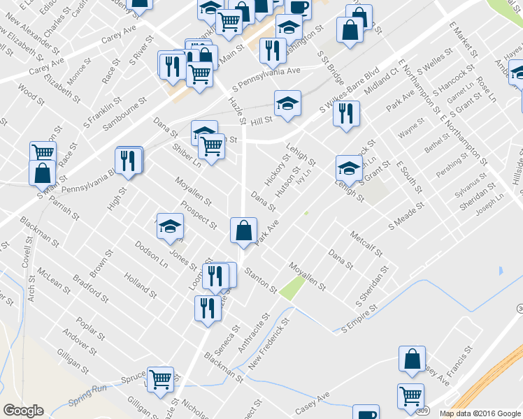 map of restaurants, bars, coffee shops, grocery stores, and more near 244 Hazle Street in Wilkes-Barre