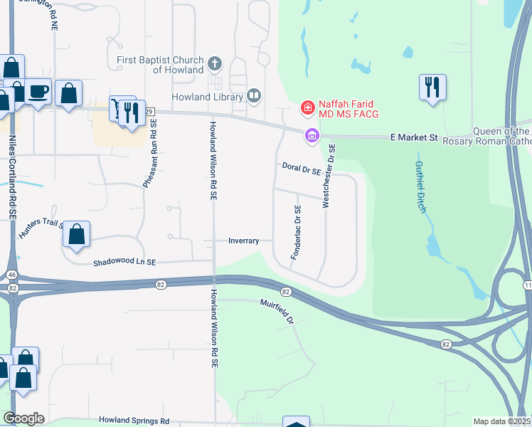 map of restaurants, bars, coffee shops, grocery stores, and more near 250 Avalon Drive Southeast in Warren
