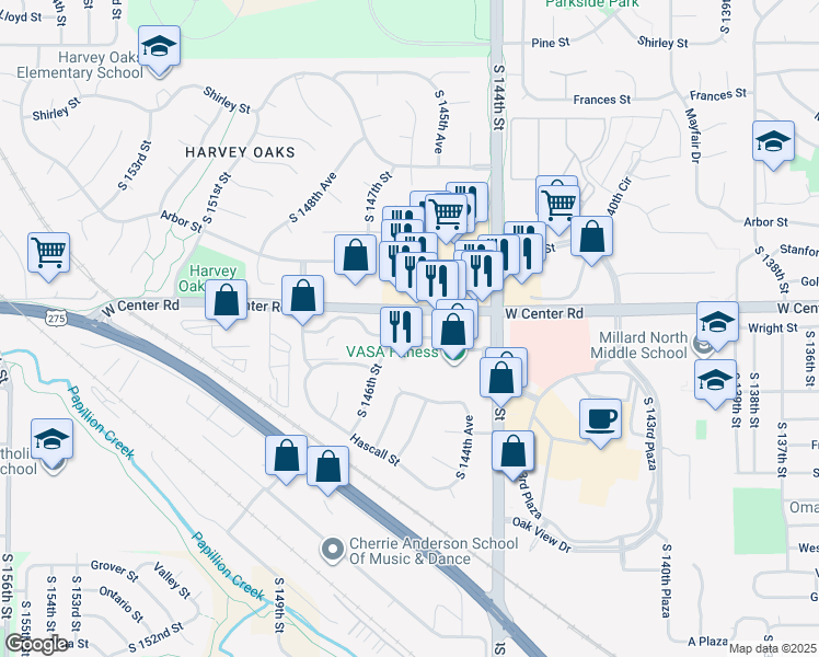 map of restaurants, bars, coffee shops, grocery stores, and more near 2725-2769 South 146th Street in Omaha