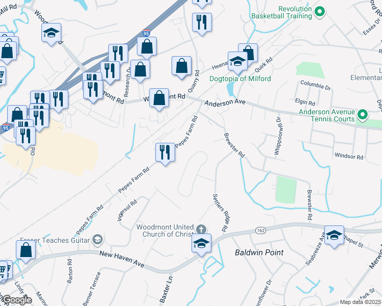 map of restaurants, bars, coffee shops, grocery stores, and more near 78 Stagecoach Circle in Milford
