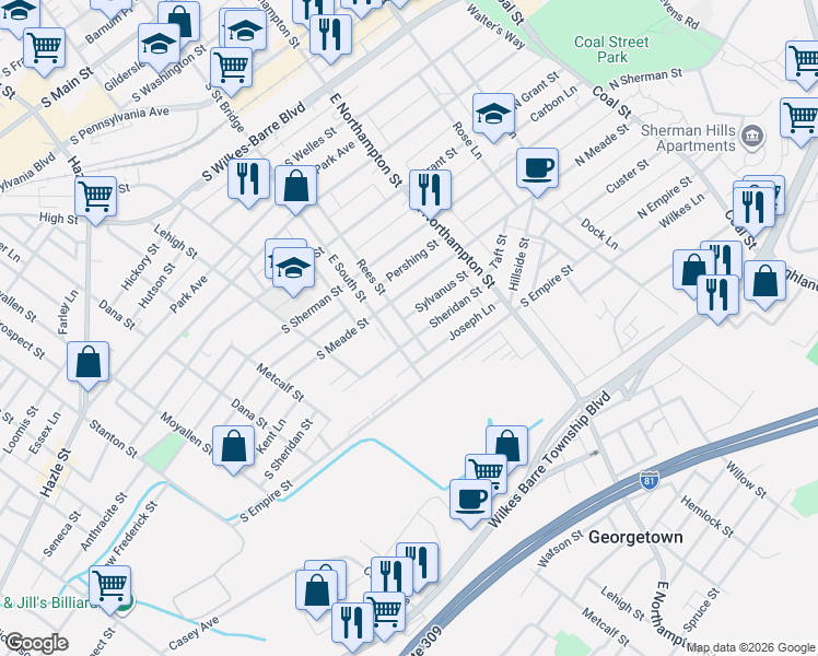 map of restaurants, bars, coffee shops, grocery stores, and more near 73 Sheridan Street in Wilkes-Barre