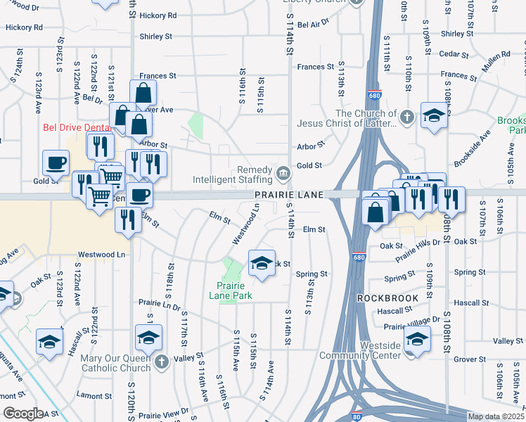 map of restaurants, bars, coffee shops, grocery stores, and more near 11517 Westwood Lane in Omaha