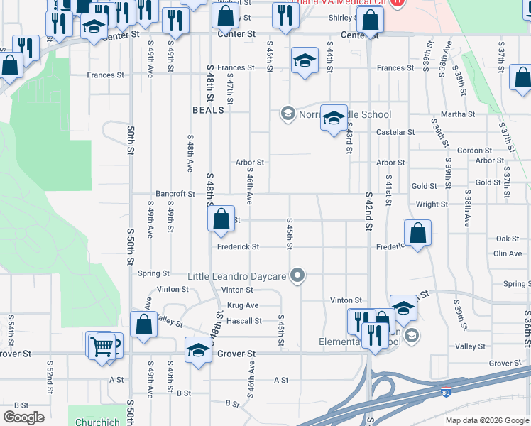 map of restaurants, bars, coffee shops, grocery stores, and more near 4532 Oak Street in Omaha