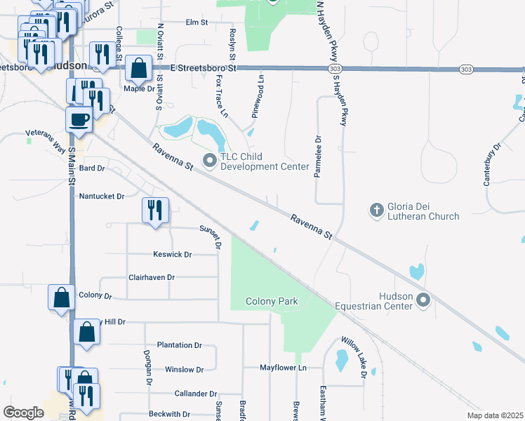 map of restaurants, bars, coffee shops, grocery stores, and more near 262 Ravenna Street in Hudson