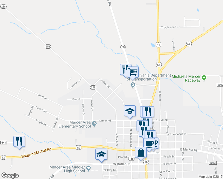 map of restaurants, bars, coffee shops, grocery stores, and more near 499 Collier Road in Mercer