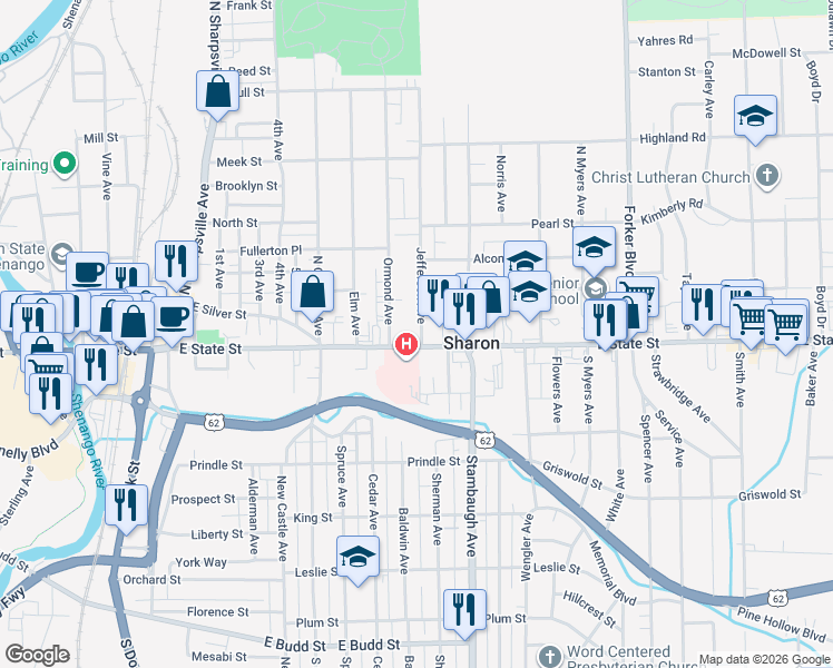 map of restaurants, bars, coffee shops, grocery stores, and more near 715 East State Street in Sharon