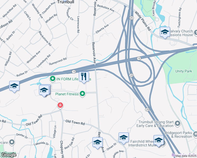 map of restaurants, bars, coffee shops, grocery stores, and more near 12 Woodside Avenue in Trumbull