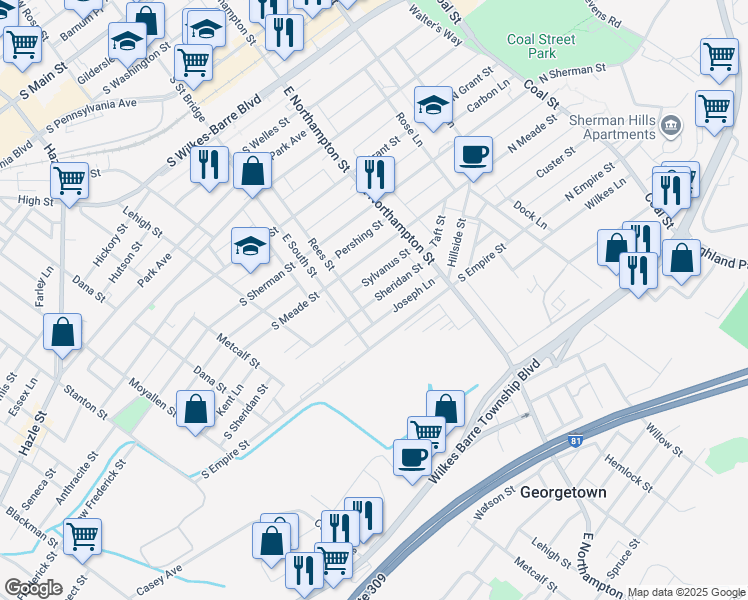 map of restaurants, bars, coffee shops, grocery stores, and more near 73 Sheridan Street in Wilkes-Barre