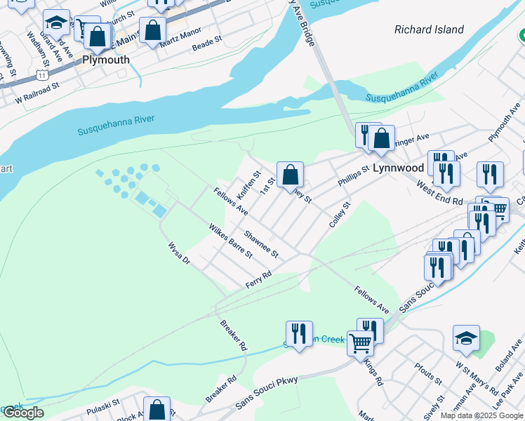 map of restaurants, bars, coffee shops, grocery stores, and more near 22 Garrahan Street in Wilkes-Barre