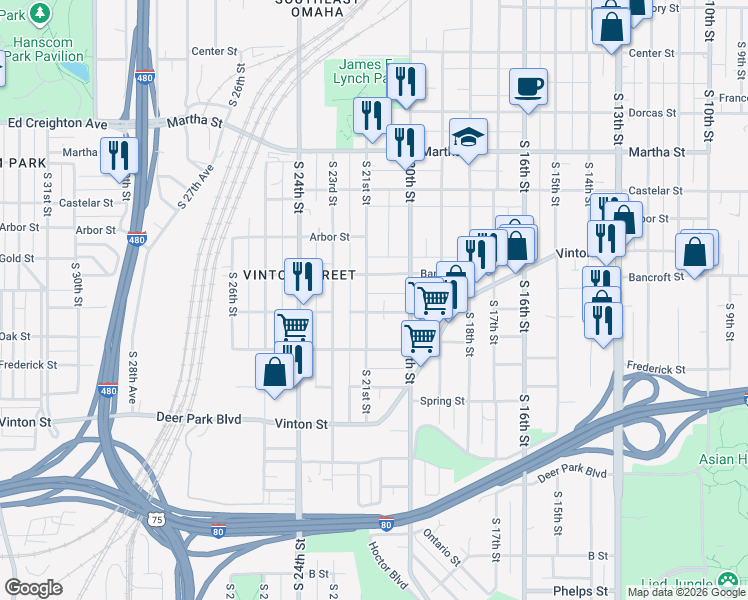 map of restaurants, bars, coffee shops, grocery stores, and more near 2724 South 21st Street in Omaha