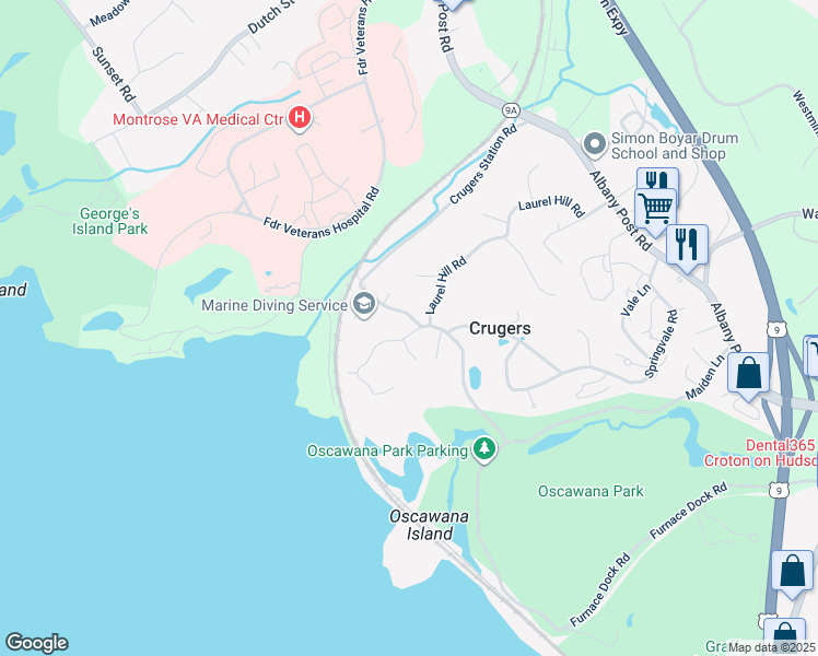 map of restaurants, bars, coffee shops, grocery stores, and more near 3 Crugers Avenue in Croton-on-Hudson