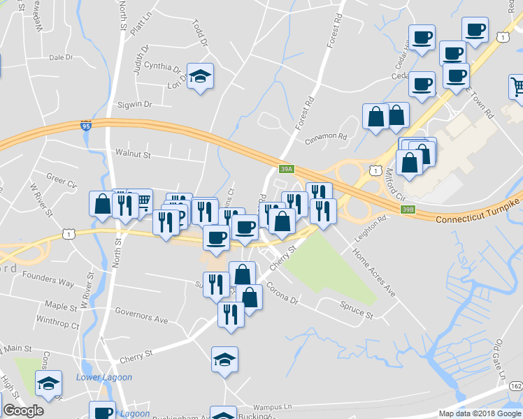 map of restaurants, bars, coffee shops, grocery stores, and more near 33d Forest Road in Milford