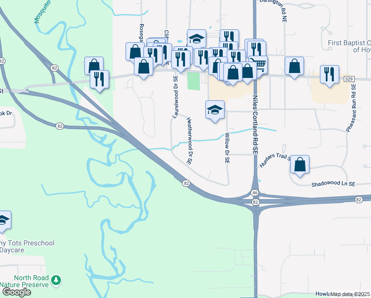map of restaurants, bars, coffee shops, grocery stores, and more near 584 Heatherwood Drive Southeast in Warren