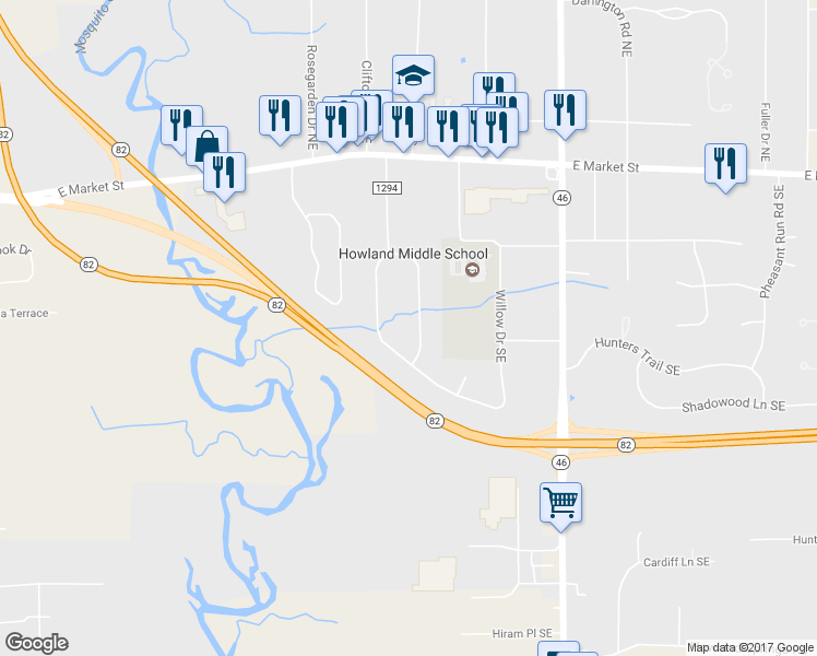 map of restaurants, bars, coffee shops, grocery stores, and more near 584 Heatherwood Drive Southeast in Warren