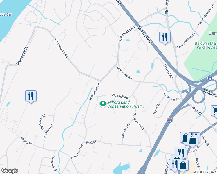 map of restaurants, bars, coffee shops, grocery stores, and more near 2 West Rutland Road in Milford
