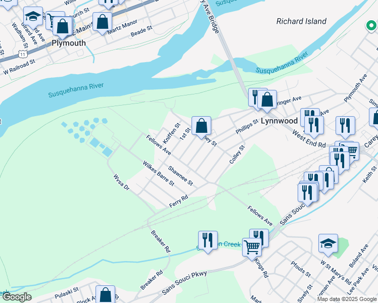 map of restaurants, bars, coffee shops, grocery stores, and more near 16 Garrahan Street in Wilkes-Barre