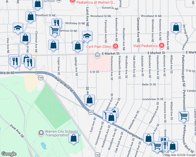 map of restaurants, bars, coffee shops, grocery stores, and more near 355 Bonnie Brae Avenue Southeast in Warren