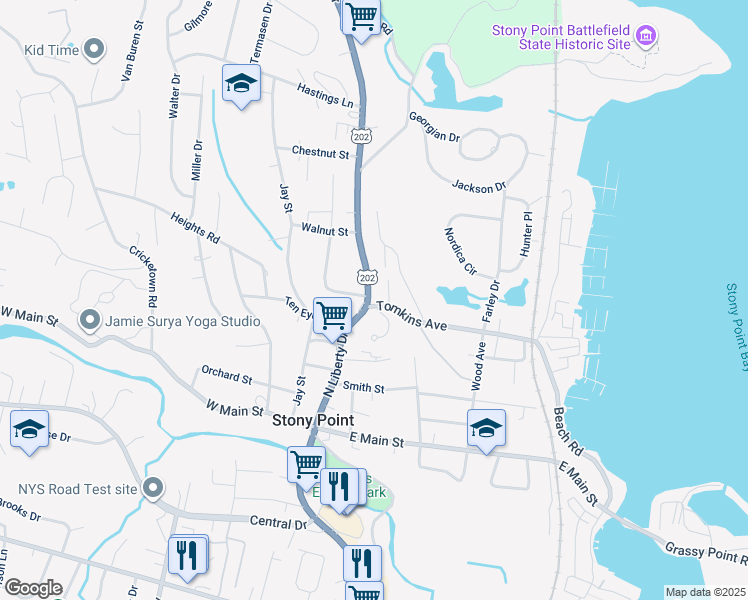 map of restaurants, bars, coffee shops, grocery stores, and more near 115 Tomkins Avenue in Stony Point
