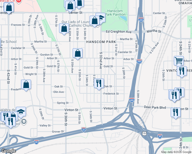 map of restaurants, bars, coffee shops, grocery stores, and more near 2805 South 33rd Street in Omaha