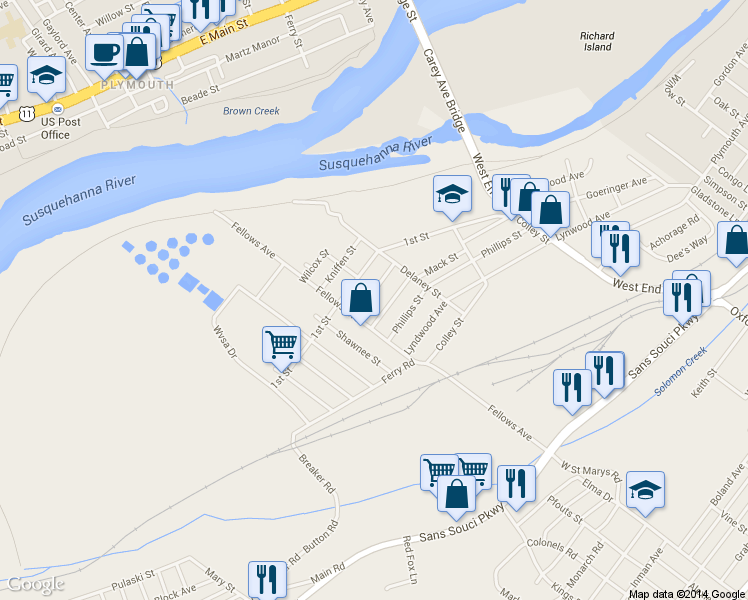 map of restaurants, bars, coffee shops, grocery stores, and more near 22 Garrahan St in Wilkes-Barre