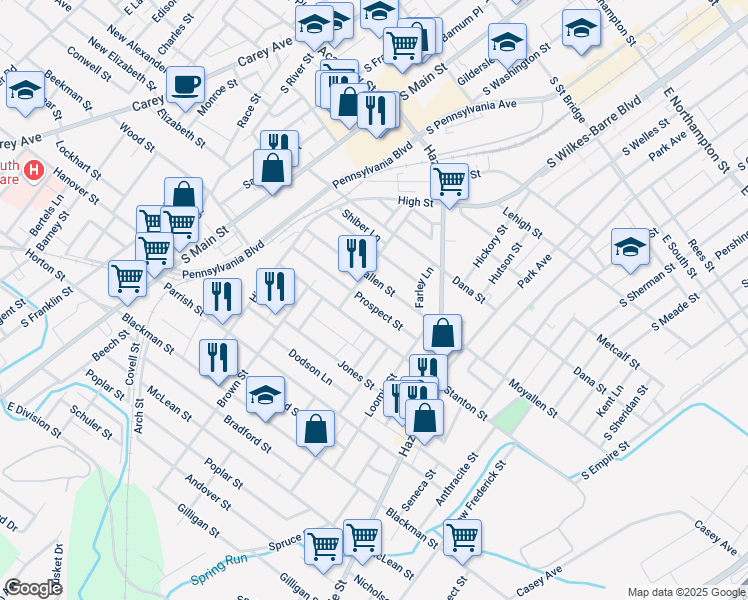 map of restaurants, bars, coffee shops, grocery stores, and more near 104 Prospect Street in Wilkes-Barre