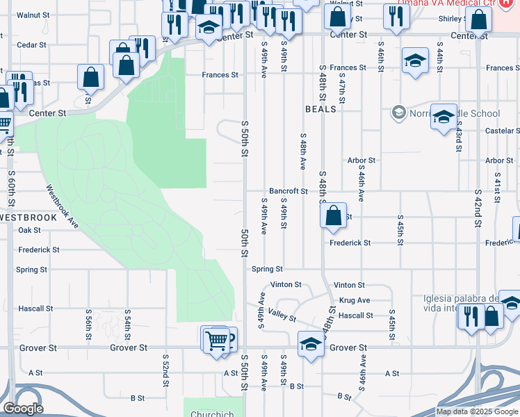 map of restaurants, bars, coffee shops, grocery stores, and more near 2724 South 49th Avenue in Omaha