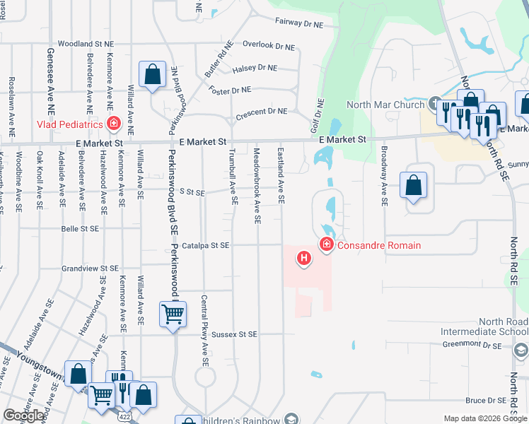 map of restaurants, bars, coffee shops, grocery stores, and more near 375 Meadowbrook Avenue Southeast in Warren