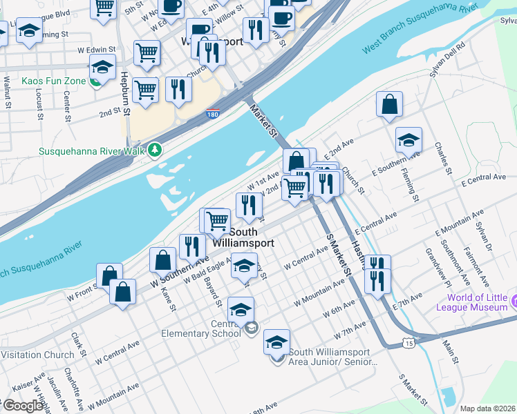 map of restaurants, bars, coffee shops, grocery stores, and more near 220 Matthews Boulevard in South Williamsport