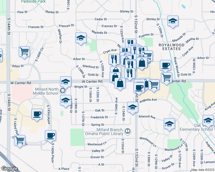 map of restaurants, bars, coffee shops, grocery stores, and more near 13450 Wright Street in Omaha