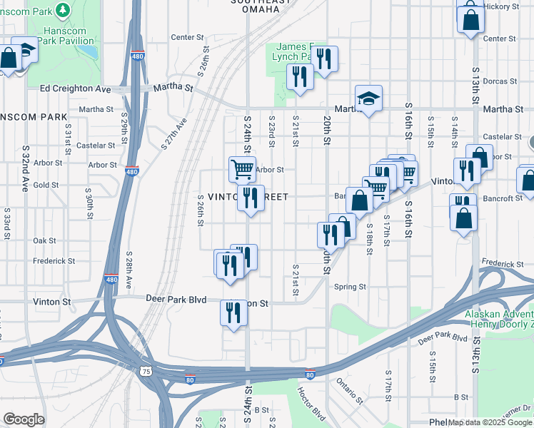 map of restaurants, bars, coffee shops, grocery stores, and more near 2722 South 23rd Street in Omaha