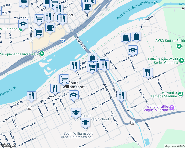map of restaurants, bars, coffee shops, grocery stores, and more near 100 West Southern Avenue in South Williamsport