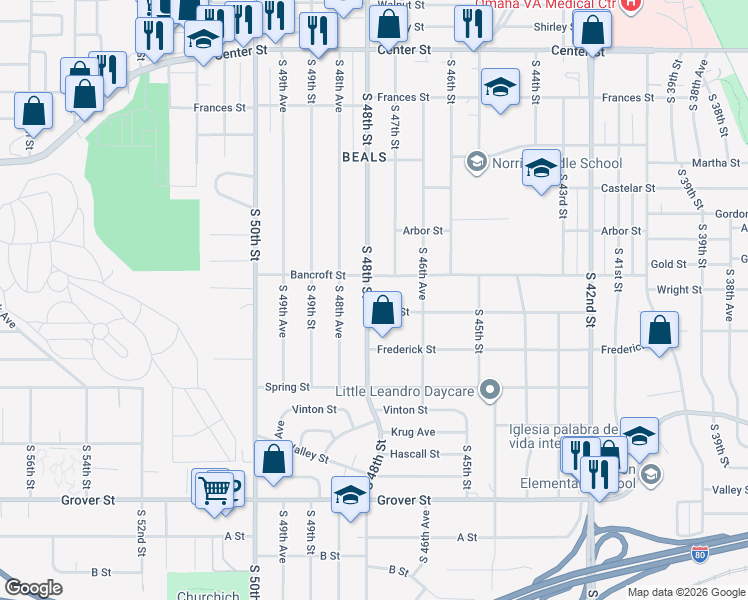 map of restaurants, bars, coffee shops, grocery stores, and more near 2721 South 48th Street in Omaha