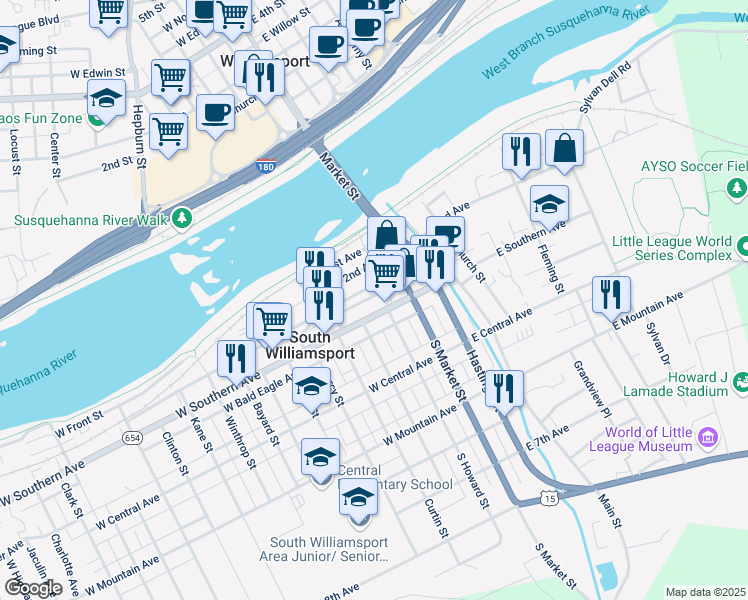 map of restaurants, bars, coffee shops, grocery stores, and more near 100 West Southern Avenue in South Williamsport