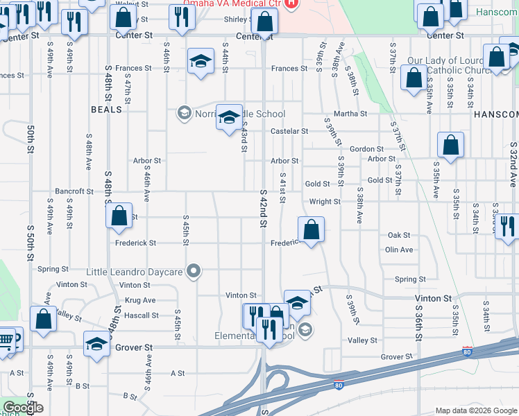 map of restaurants, bars, coffee shops, grocery stores, and more near 2720 South 42nd Street in Omaha