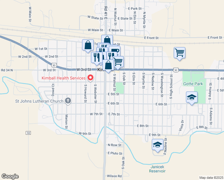 map of restaurants, bars, coffee shops, grocery stores, and more near 410 South Walnut Street in Kimball