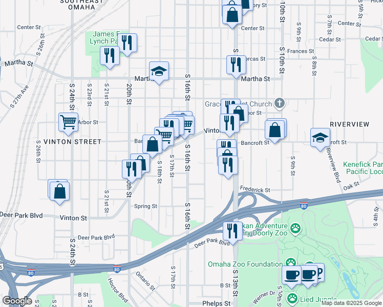 map of restaurants, bars, coffee shops, grocery stores, and more near 2729 South 16th Street in Omaha