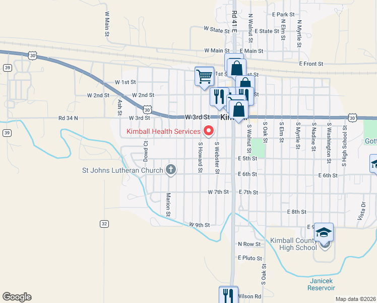 map of restaurants, bars, coffee shops, grocery stores, and more near 411 South Burg Street in Kimball